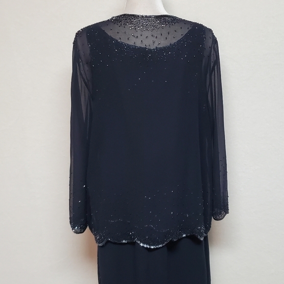 Vintage J Kara Navy Blue Chiffon Beaded Scalloped Maxi Dress Jacket Set 16 - Picture 10 of 16